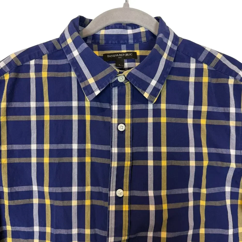 Banana Republic Shirt Mens Large Blue Check Tartan Cotton Slim Fit Button Up‎